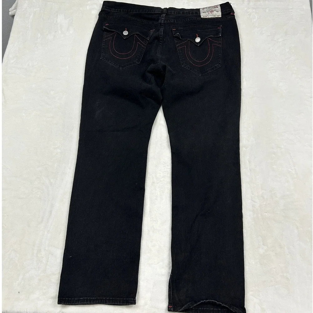 True Religion Ricky Jeans Mens 40 Black Relaxed Straight Red Contrast Stitch